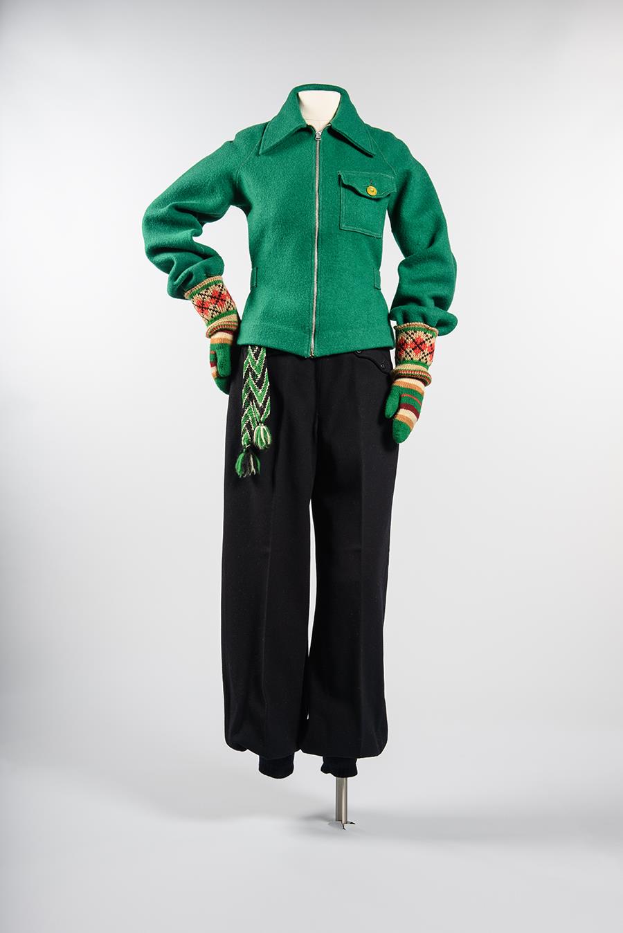 Image of Green and black wool ski suit, ca. 1948